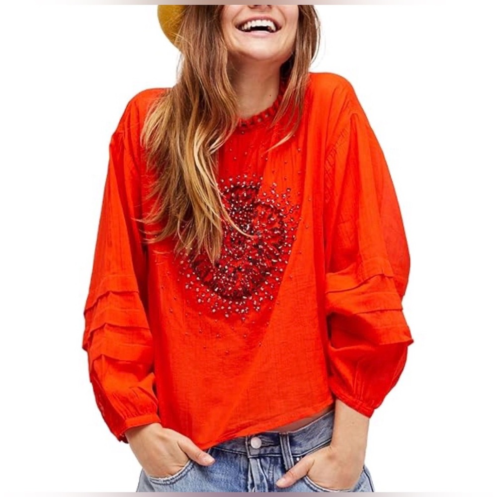 Free People Red Heart Of Gold 100%‎ Cotton Beaded Long Sleeve Boho Top Size XS